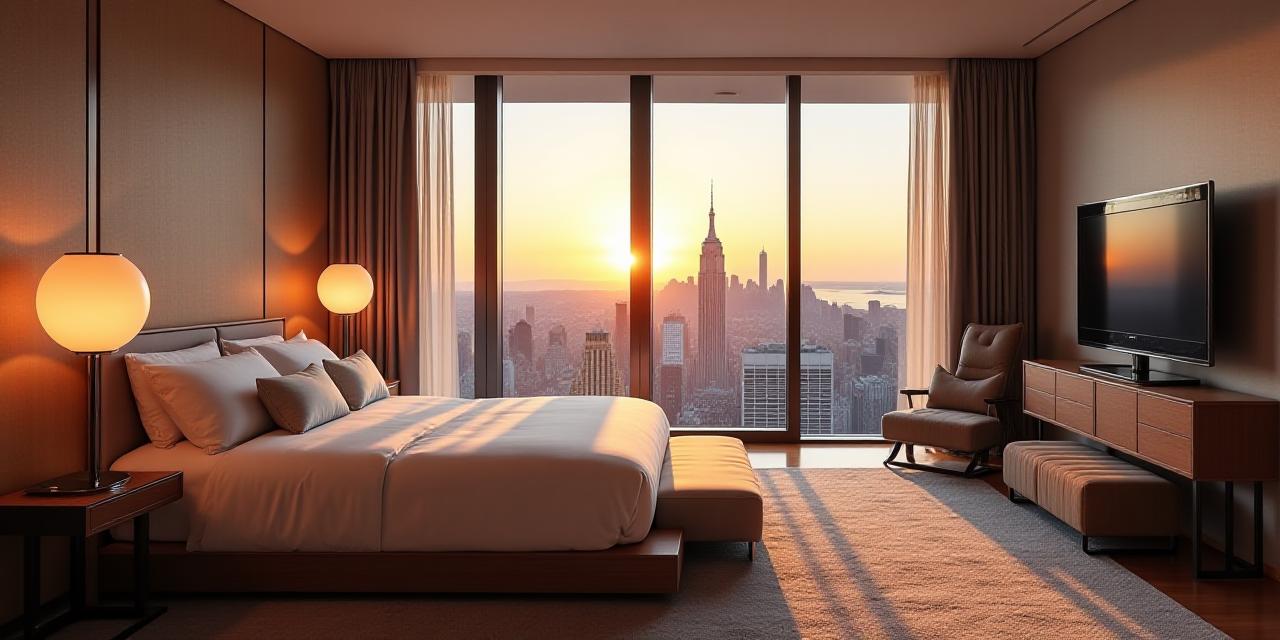 Luxury hotel suite interior overlooking New York City skyline